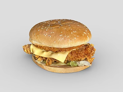 Crispy Fried Chicken Burger With Sesame Seed Bun Cheese And Lettuce 3d model