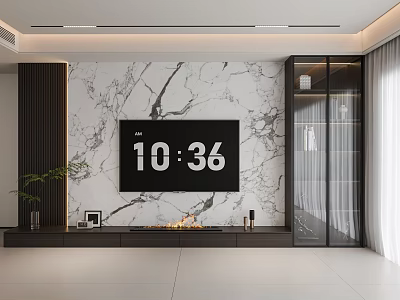 Modern Living Room Interior With Marble Feature Wall Large TV Unit And Potted Plant 3d model