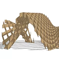 Curved Wooden Pergola Structure in Natural Garden with Trees Grass and Person