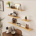 Modern Wooden Wall Mounted Shelves With Decorative Items Wine And Potted Plant