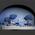 Whimsical Cartoon Winter Landscape With Blue Trees Snowy Ground Pond Clouds And Small Plants