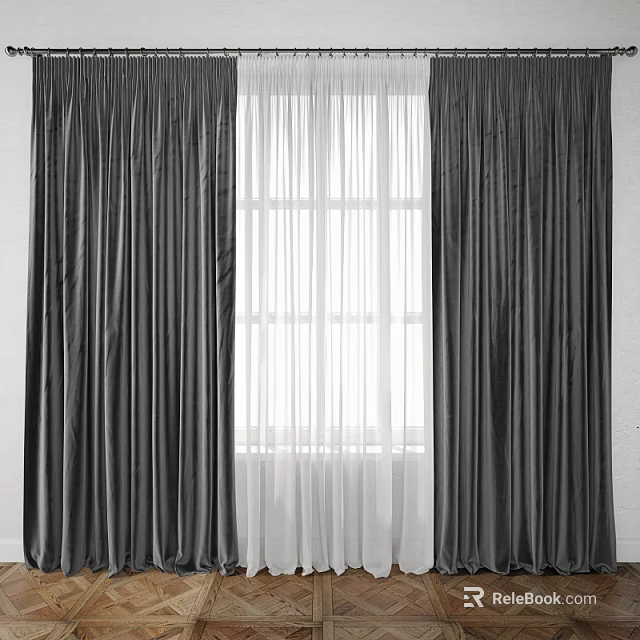 Dark Curtains With White Sheer Curtain For Home Window Interior Design 3d model