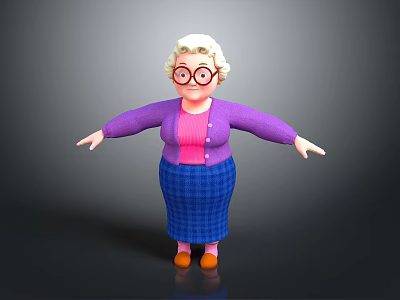 Elderly Lady With White Curly Hair Glasses Purple Cardigan Blue Plaid Skirt Arms Outstretched 3d model