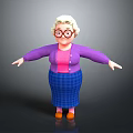Elderly Lady With White Curly Hair Glasses Purple Cardigan Blue Plaid Skirt Arms Outstretched