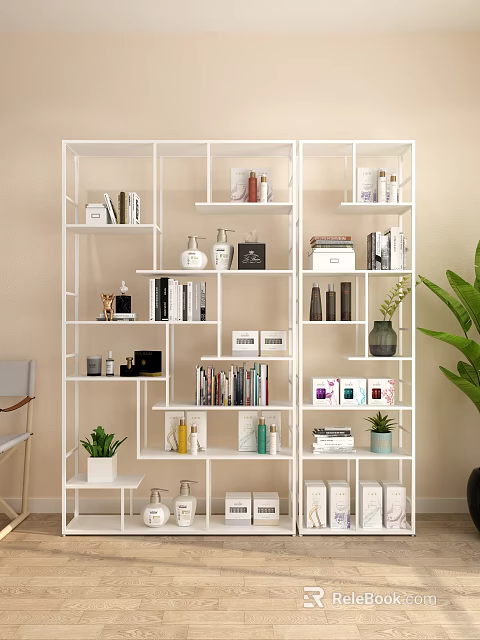 Modern Open White Shelving Unit With Books Decorative Items And Green Plants For Home Organization 3d model 