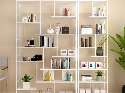 Modern Open White Shelving Unit With Books Decorative Items And Green Plants For Home Organization 3d model