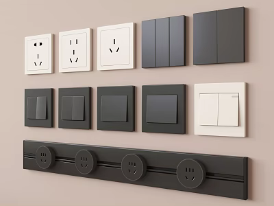 Modern Black and White Wall Mounted Switch Panels with Various Designs and Sockets 3d model