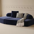 Modern Navy Blue Sectional Sofa With Decorative Cushions And Throw Blanket 3d model