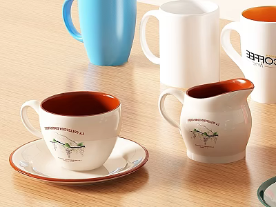 Blue White Ceramic Cups With Orange Interior Patterned Prints Saucer Cream Pitcher On Wooden Table 3d model