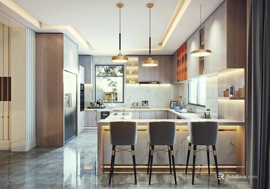 Modern Kitchen Interior Design With Island Counter Pendant Lights And Bar Stools 3d model 