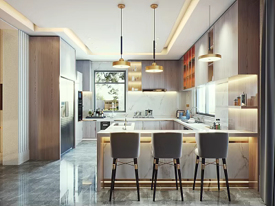 Modern Kitchen Interior Design With Island Counter Pendant Lights And Bar Stools 3d model