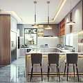 Modern Kitchen Interior Design With Island Counter Pendant Lights And Bar Stools