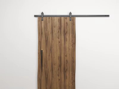 Natural Wooden Barn Door With Metal Sliding Track And Wood Grain Texture 3d model