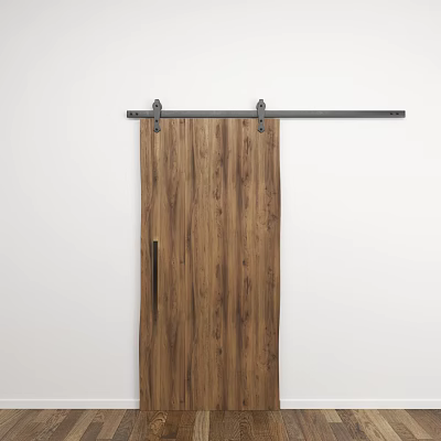 Natural Wooden Barn Door With Metal Sliding Track And Wood Grain Texture 3d model