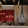 Modern Hotpot Restaurant Interior With Woven Rattan Pendant Lights Green Plants And Red Accent Wall
