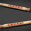 Traditional Bamboo Musical Instruments and Painting Tools with Carved Red Floral Patterns