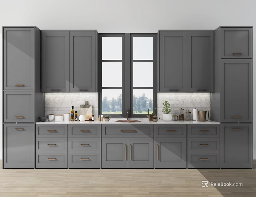 Modern Gray Kitchen Cabinets With Window Countertop And Stylish Interior Design 3d model 