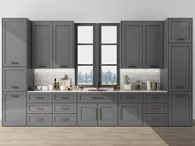 Modern Gray Kitchen Cabinets With Window Countertop And Stylish Interior Design 3d model