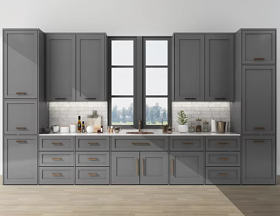 Modern Gray Kitchen Cabinets With Window Countertop And Stylish Interior Design 3d model