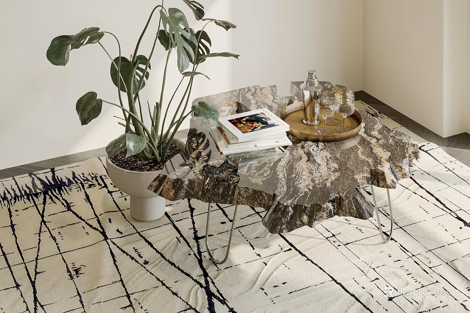 Stump Style Coffee Table With Book Tray Glassware And Big Leaf Plant On Abstract Rug 3d model 