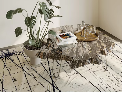 Stump Style Coffee Table With Book Tray Glassware And Big Leaf Plant On Abstract Rug 3d model