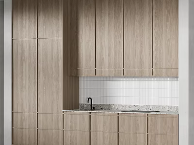 Modern Kitchen Interior With Wooden Grain Cabinets Countertop Sink And Backsplash 3d model