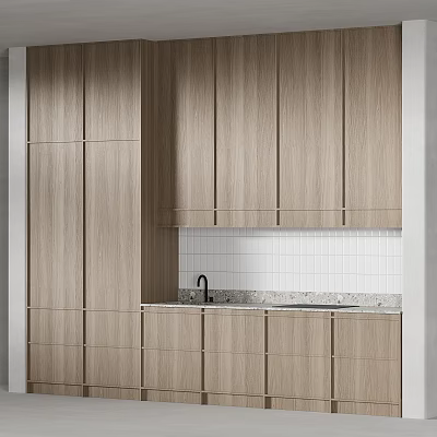 Modern Kitchen Interior With Wooden Grain Cabinets Countertop Sink And Backsplash 3d model