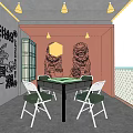 Hotel Mahjong Room Interior With Orange Walls Dragon Patterns And Green Chairs