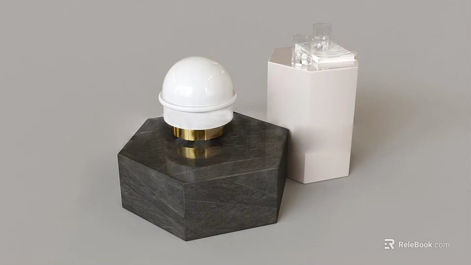 Hexagonal Dark Marble Coffee Table With White Sphere Gold Base And White Cube Transparent Glass 3d model 