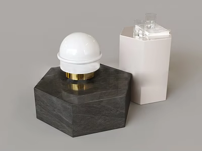 Hexagonal Dark Marble Coffee Table With White Sphere Gold Base And White Cube Transparent Glass 3d model