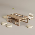 Wooden Tea Table and Chairs with Tea Set and Floor Cushions in Simple Natural Style