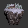Snow Covered Wooden Cottage On Floating Rock With Green Trees