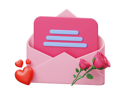 Pink Envelope with Pink Card Blue Lines Red Hearts and Roses Design 3d model