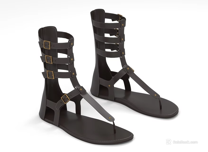 Black Roman Style Sandals with Multiple Straps and Metal Buckles Design 3d model 