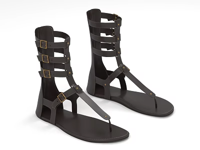 Black Roman Style Sandals with Multiple Straps and Metal Buckles Design 3d model