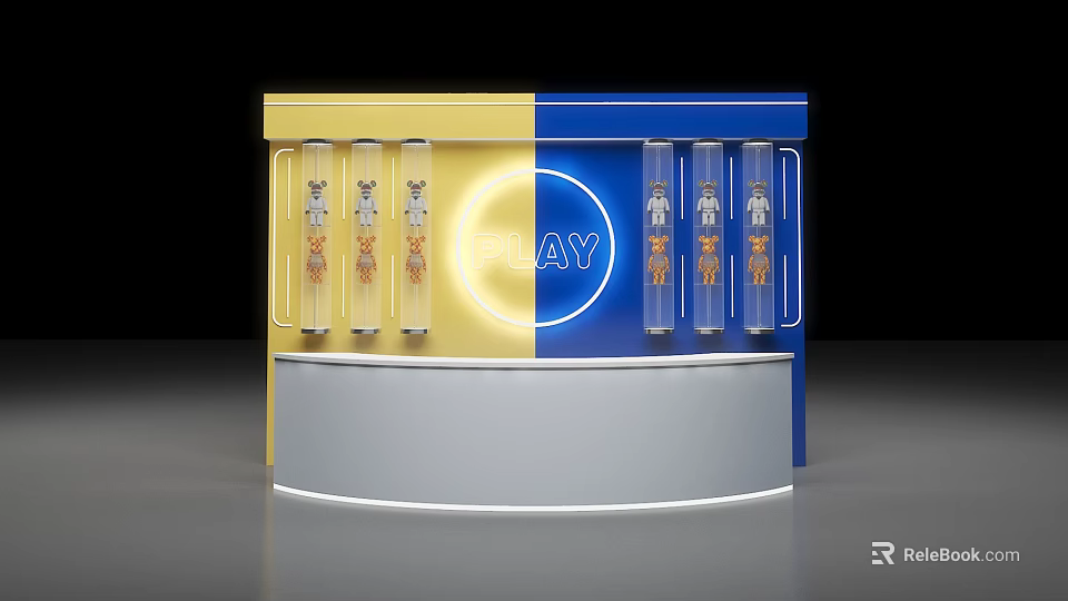 Vibrant Yellow And Blue Photo Check-in Spot With Circular PLAY Sign And Transparent Pillars 3d model 