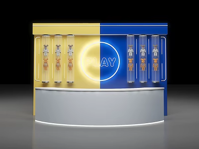 Vibrant Yellow And Blue Photo Check-in Spot With Circular PLAY Sign And Transparent Pillars 3d model