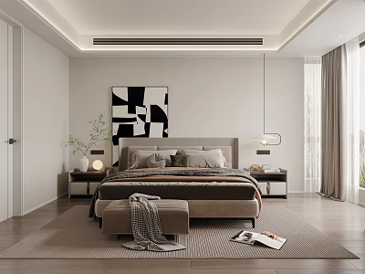Modern Bedroom Interior With Bed Abstract Painting Nightstands Lamp Bench And Rug 3d model