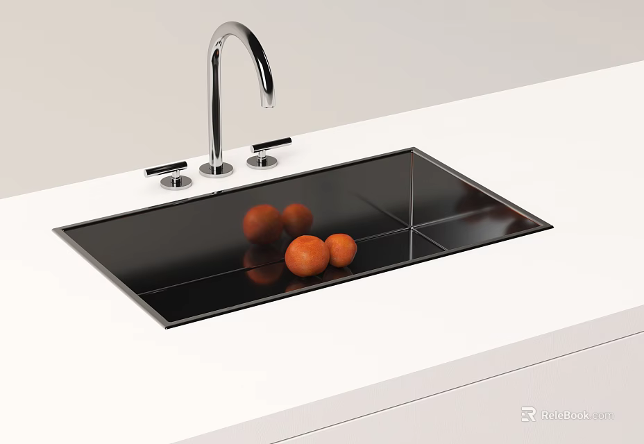 Sleek Black Washbasin with Silver Faucet and Knobs on White Countertop with Oranges Inside 3d model