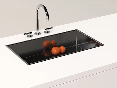 Sleek Black Washbasin with Silver Faucet and Knobs on White Countertop with Oranges Inside 3d model