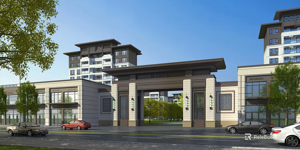 Chinese Style Entrance Gate Exterior With Modern Residential Building Trees And Blue Sky 3d model 