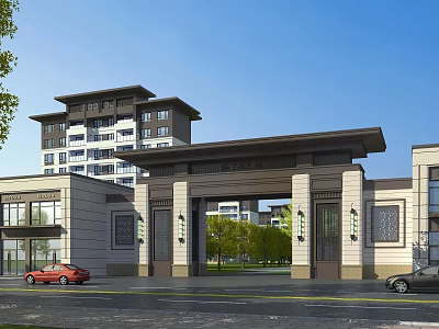 Chinese Style Entrance Gate Exterior With Modern Residential Building Trees And Blue Sky 3d model