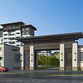Chinese Style Entrance Gate Exterior With Modern Residential Building Trees And Blue Sky
