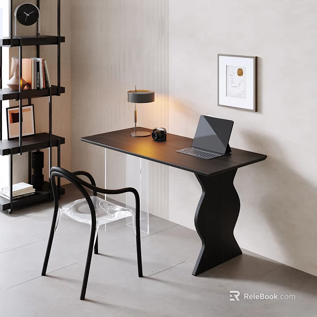 Modern Black Desk With Wave Shaped Legs Laptop Table Lamp Camera Transparent Chair And Bookshelf 3d model 