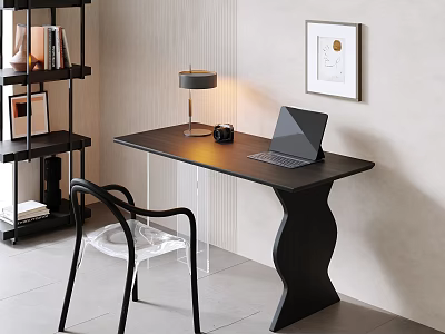 Modern Black Desk With Wave Shaped Legs Laptop Table Lamp Camera Transparent Chair And Bookshelf 3d model