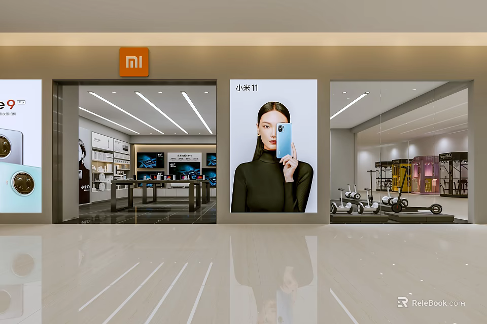 Xiaomi Store Modern Interior With Xiaomi 11 Smartphone Display Customer Holding Phone And Electronics Showcase 3d model 