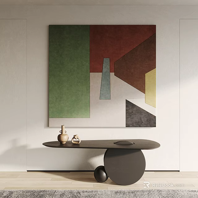 Abstract Geometric Wall Art With Vibrant Colors Oval Table And Decor Objects 3d model