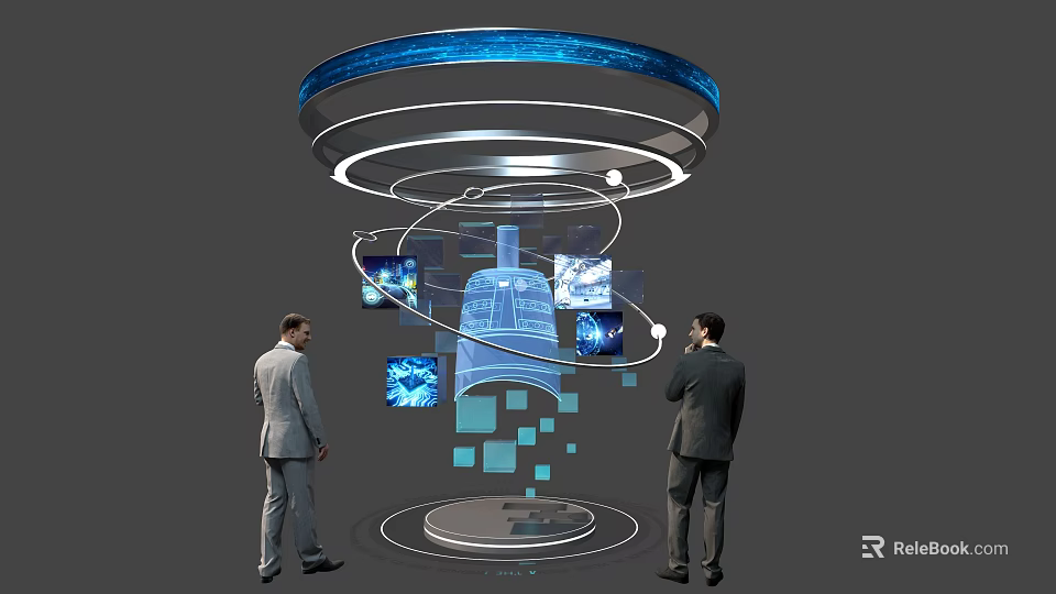 Futuristic Tech Photo Check-in Spot With Holographic Displays And Circular Blue Structure 3d model 