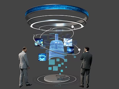 Futuristic Tech Photo Check-in Spot With Holographic Displays And Circular Blue Structure 3d model