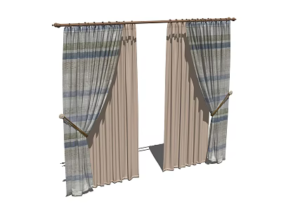 Light Colored Striped Curtains with Tiebacks and Wooden Curtain Rod for Home Window Decoration 3d model